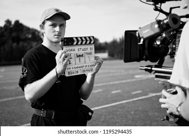 New York, NY; Aug 2018: A Film Crew Shoots A Scene On A Football Field