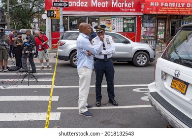 NEW YORK, NY - AUGUST 01, 2021: Chief Of Department Rodney Harrison Speaks With New York City Mayoral Democratic Nominee And Brooklyn Borough President Eric Adams.