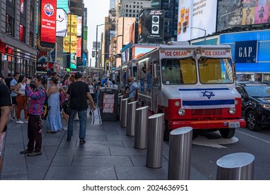 NEW YORK, NY – AUGUST 12, 2021: Protesters staged a rally to boycott Ben and Jerry's after Ben and Jerry's join the BDS anti-Semitic movement targeting Israel.