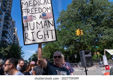 NEW YORK, NY - AUGUST 15, 2021: People gather for a Republicans Rally against COVID vaccine mandates outside of Gracie Mansion.