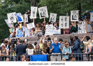 New York, NY - August 28, 2019:  Activists greet 16-year-old climate activist Greta Thunberg at press conference at North Cove Marina
