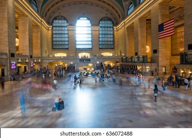 New York, NY: August 28, 2016:  Grand Central Station in NYC with slow shutter (blur of people walking).  Grand Central Station, built in 1903, is a U.S. National Historic Landmark.  