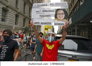 NEW YORK, NY – AUGUST 3, 2020: BLM, UFT And Other Groups Participate In A National Day Of Resistance To Protest For Demands Including No Reopening Of Schools, Police-free Schools, And Federal Funds.