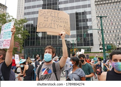 NEW YORK, NY – AUGUST 3, 2020: BLM, UFT And Other Groups Participate In A National Day Of Resistance To Protest For Demands Including No Reopening Of Schools, Police-free Schools, And Federal Funds.