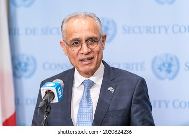 New York, NY August 6, 2021: The Permanent Representative Of Afghanistan To The United Nations Ambassador Ghulam Isaczai Addressed Media At Stakeout At UN Headquaters