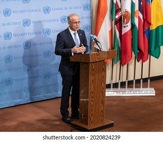 New York, NY August 6, 2021: The Permanent Representative Of Afghanistan To The United Nations Ambassador Ghulam Isaczai Addressed Media At Stakeout At UN Headquaters