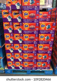 New York, NY - Circa 2018: Tide Pods Laundry Detergent Packets Boxed Onto Shipping Pallet At Costco Warehouse Retail Store For Sale. Controversy Over Children Tide Pod Challenge