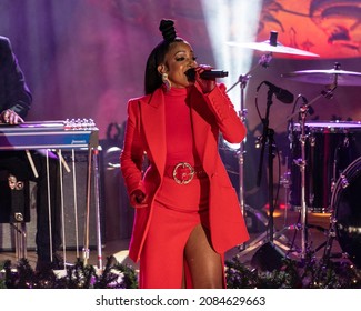 New York, NY - December 1, 2021: Mickey Guyton Performs During The 89th Annual Rockefeller Center Christmas Tree Lighting Ceremony