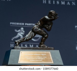 New York, NY - December 14, 2019: Heisman Memorial Trophy Trophy On Display At The Marriott Marquis Hotel