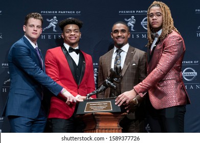 New York, NY - December 14, 2019: Finalists For 85th Annual Heisman Memorial Trophy Joe Burrow, Justin Fields, Jalen Hurts, Chase Young Pose For A Picture At The Marriott Marquis Hotel