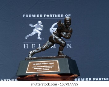 New York, NY - December 14, 2019: Heisman Memorial Trophy Trophy On Display At The Marriott Marquis Hotel