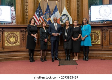 New York, NY - December 20, 2021: Mayor-elect Eric Adams Poses With 5 Women To Be Appointed As His Deputy At Brooklyn Borough Hall