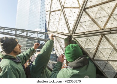 New York, NY - December 27, 2017: Workers Install 288 New Waterford Crystals On Times Square For New Year Eve Ball Drop