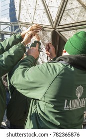 New York, NY - December 27, 2017: Workers Install 288 New Waterford Crystals On Times Square For New Year Eve Ball Drop