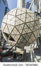 New York, NY - December 27, 2017: Workers Install 288 New Waterford Crystals On Times Square For New Year Eve Ball Drop