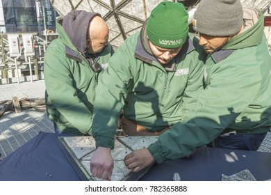 New York, NY - December 27, 2017: Workers Install 288 New Waterford Crystals On Times Square For New Year Eve Ball Drop