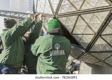 New York, NY - December 27, 2017: Workers Install 288 New Waterford Crystals On Times Square For New Year Eve Ball Drop