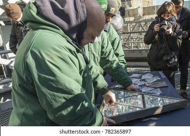 New York, NY - December 27, 2017: Workers Install 288 New Waterford Crystals On Times Square For New Year Eve Ball Drop