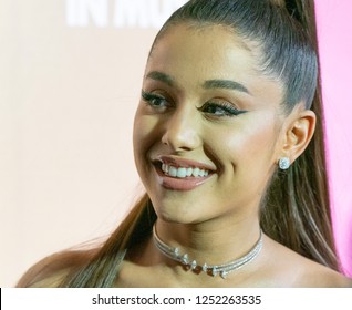 New York, NY - December 6, 2018: Ariana Grande wearing dress by Christian Siriano attends Billboard's 13th Annual Women in Music gala at Pier 36