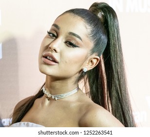 New York, NY - December 6, 2018: Ariana Grande wearing dress by Christian Siriano attends Billboard's 13th Annual Women in Music gala at Pier 36