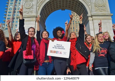 NEW YORK, NY - FEB 14: Nearly 300 Women Took Part In A One Billion Rising Flash Mob Dance In Washington Square Park In New York City, NY On February 14, 2013 To Protest Violence Against Women.