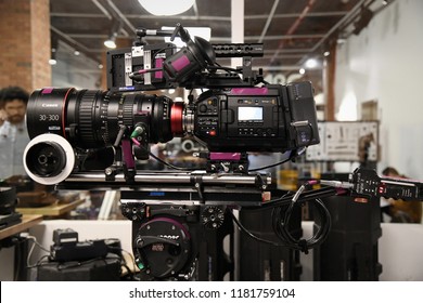 New York, NY; Feb 2018: A Black Magic Cinema Camera Is Being Prepped With A Huge Canon 30-300 Lens