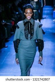 New York, NY - February 10, 2019: Winnie Harlow walks runway for Prabal Gurung collection during Fall/Winter 2019 Fashion week at Spring Studios 