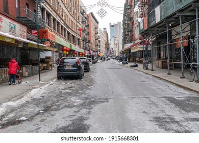 New York, NY - February 12, 2021: Streets Were Deserted And Majority Of Stores Closed On 1st Day Of Lunar New Year In Chinatown