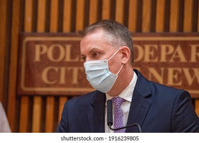 NEW YORK, NY - FEBRUARY 13: New York City Police Commissioner Dermot F. Shea Wearing A Mask Speaks During A Press Conference On February 13, 2021 In New York City.