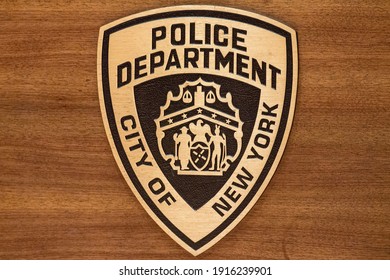 NEW YORK, NY - FEBRUARY 13: New York City Police Shield Logo Seen During A Press Conference On February 13, 2021 In New York City.