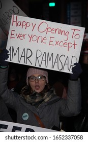 NEW YORK, NY - FEBRUARY 20: Protestors Scream Outside The Broadway Theater During The Opening Night Of 