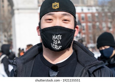 New York, NY - February 20, 2021: More than 200 people gathered on Washington Square Park to rally in support Aisian community, against hate crime and white nationalism