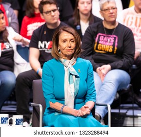 New York, NY - February 25, 2019: Speaker of the House Nancy Pelosi listens as Andrew Cuomo speaks at Red Flag Gun Protection Bill signing at John Jay College of Criminal Justice Gerald Lynch Theater
