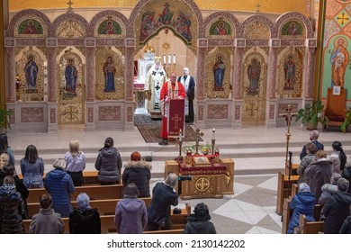 NEW YORK, NY - FEBRUARY 27, 2022: Cardinal Timothy Dolan Attends Mass At St. George's Church, Which Is A Member Of The Ukrainian Greek Catholic Church, In Solidarity With The Ukrainian People.
