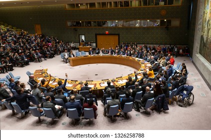 New York, NY - February 28, 2019: Majority Of Representatives Vote In Favor Of US Draft Resolution At UN Security Council Meeting On Situation In Venezuela At UN Headquarters