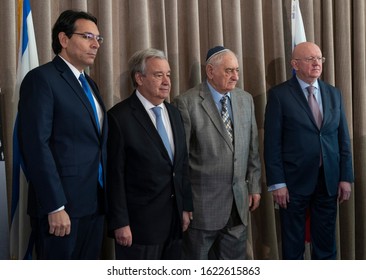 New York, NY - Jan 21, 2020: Danny Danon, Antonio Guterres, Zoltan Matyash, Vassily Nebenzia Attend Opening Of Exhibition 75th Anniversary Liberation Of Auschwitz Concentration Camp At UN Headquarters