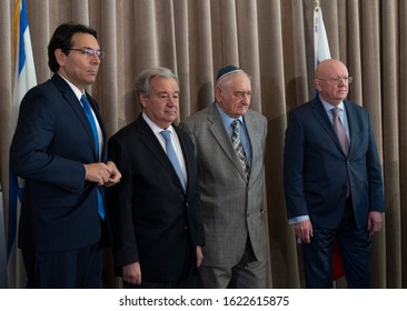 New York, NY - Jan 21, 2020: Danny Danon, Antonio Guterres, Zoltan Matyash, Vassily Nebenzia Attend Opening Of Exhibition 75th Anniversary Liberation Of Auschwitz Concentration Camp At UN Headquarters