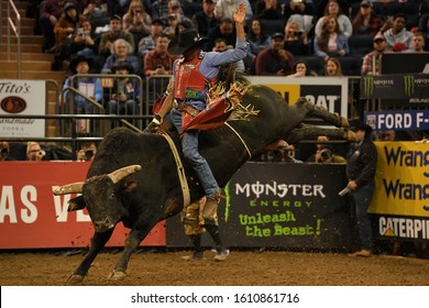 NEW YORK, NY - JANUARY 04: Alan de Souza rides Haywire during the Professional Bull Riders 2020 Season Launch at Madison Square Garden on January 4, 2020 in New York City.
