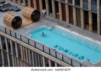 New York, NY - January 1 2020: Aerial View Of The Swimming Pool At The Equinox Hotel Hudson Yards