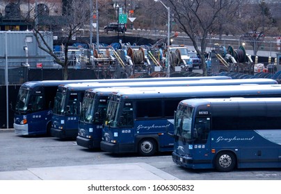 New York, NY - January 1 2020: Greyhound Buses Parked In A Lot In The West Side Of Manhattan