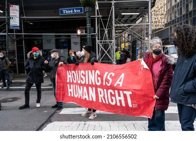 New York, NY - January 14, 2022: About 150 protesters gathered at NYPL on 5th Avenue and walked to governor's office on 3rd Avenue demanding continuation of moratorium on housing eviction