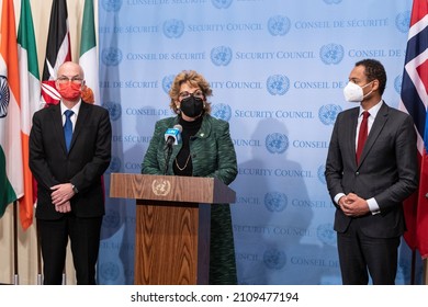 New York, NY - January 19, 2022: Geraldine Byrne Nason, Permanent Representative Of Ireland To The United Nations Speaks At SC Stakeout In UN Headquarters