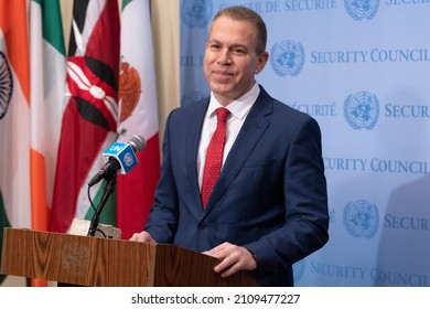 New York, NY - January 19, 2022: Ambassador Gilad Erdan, Permanent Representative Of Israel To The United Nations Speaks At SC Stakeout In UN Headquarters