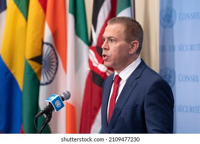 New York, NY - January 19, 2022: Ambassador Gilad Erdan, Permanent Representative Of Israel To The United Nations Speaks At SC Stakeout In UN Headquarters