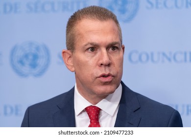 New York, NY - January 19, 2022: Ambassador Gilad Erdan, Permanent Representative Of Israel To The United Nations Speaks At SC Stakeout In UN Headquarters