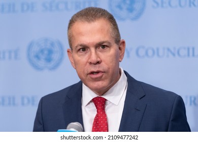 New York, NY - January 19, 2022: Ambassador Gilad Erdan, Permanent Representative Of Israel To The United Nations Speaks At SC Stakeout In UN Headquarters