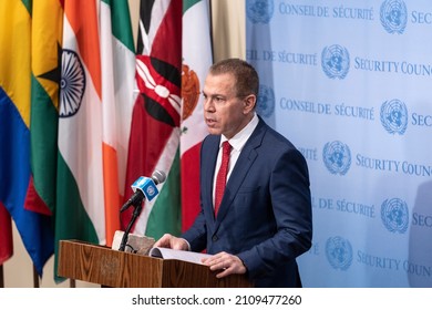 New York, NY - January 19, 2022: Ambassador Gilad Erdan, Permanent Representative Of Israel To The United Nations Speaks At SC Stakeout In UN Headquarters