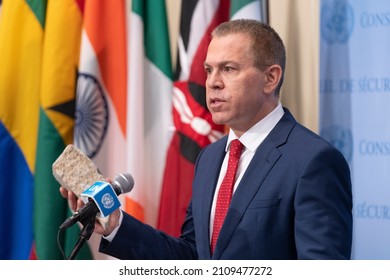 New York, NY - January 19, 2022: Ambassador Gilad Erdan, Permanent Representative Of Israel To The United Nations Speaks At SC Stakeout In UN Headquarters