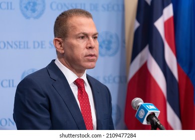 New York, NY - January 19, 2022: Ambassador Gilad Erdan, Permanent Representative Of Israel To The United Nations Speaks At SC Stakeout In UN Headquarters