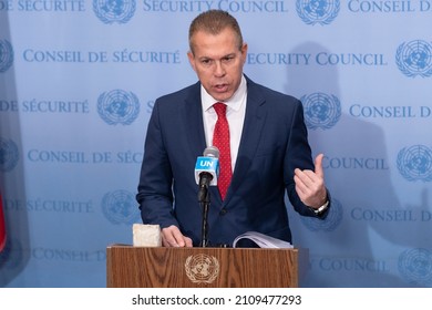 New York, NY - January 19, 2022: Ambassador Gilad Erdan, Permanent Representative Of Israel To The United Nations Speaks At SC Stakeout In UN Headquarters